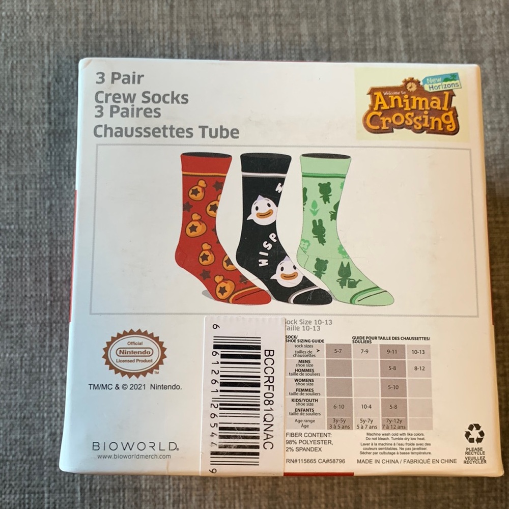 3 pack Nintendo Animal Crossing New Horizons crew socks - size 10-13